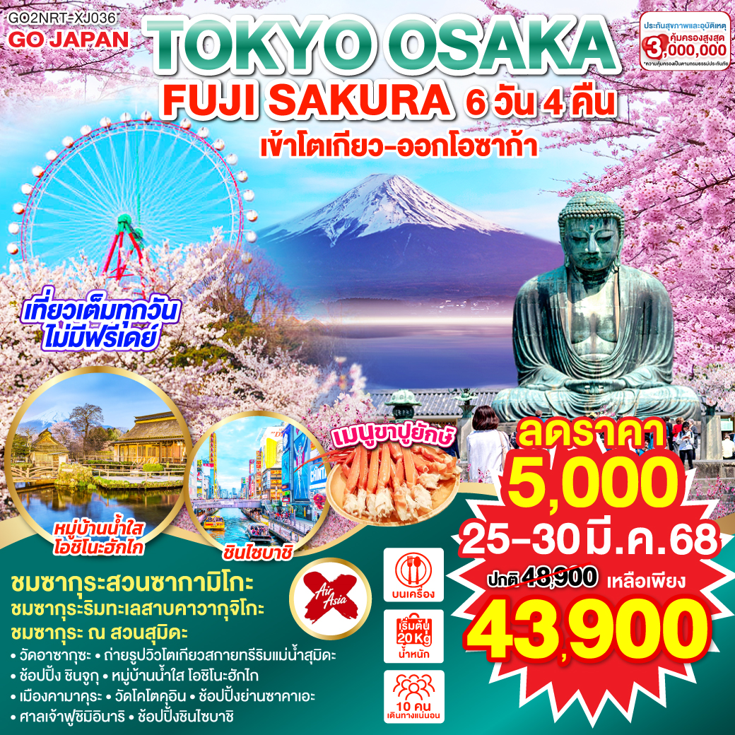 ทัวร์ญี่ปุ่น TOKYO FUJI OSAKA SAKURA 6วัน 4คืน  (XJ)